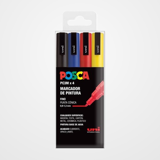 MARCADOR T.OPACA NO PERM. UNI POSCA 0.9-1.3mm (PC-3M) BASIC ESTUCHE de 4