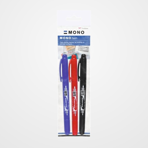 MARCADOR T.OPACA PERM. TOMBOW MONO TWIN DOBLE PUNTA (0,4/0,8) PACK de 3 (negro, azul y rojo)
