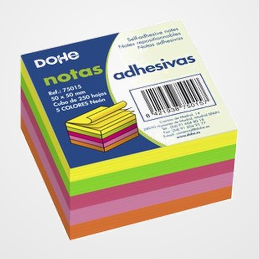 NOTAS ADHESIVAS DOHE CUBO 250h  50x50 mm. 5 COLORES NEON
