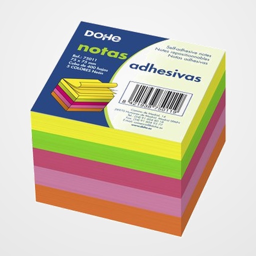 NOTAS ADHESIVAS DOHE CUBO 400h  75 x 75 mm. 5 COLORES NEON