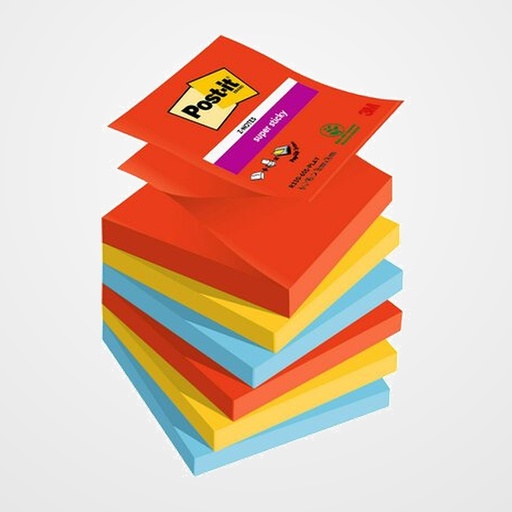 NOTAS ADHESIVAS POST-IT 90h Z NOTES  76x76 (R330) SUPER STICKY COLORES PLAYFUL PACK de 6