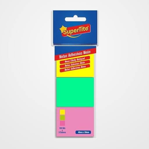 NOTAS ADHESIVAS SUPERTITE 40x50 NEON 100 HOJAS BLISTER DE 3