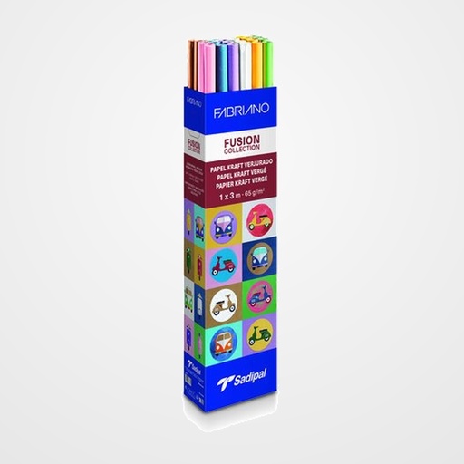 PAPEL de EMBALAR KRAFT ROLLO SADIPAL FUSION  1x3m EXPOSITOR de 30 (3 rollos x kraft y blanco, 4 rollos x amarillo, lila, rosa, turquesa, verde y azul)