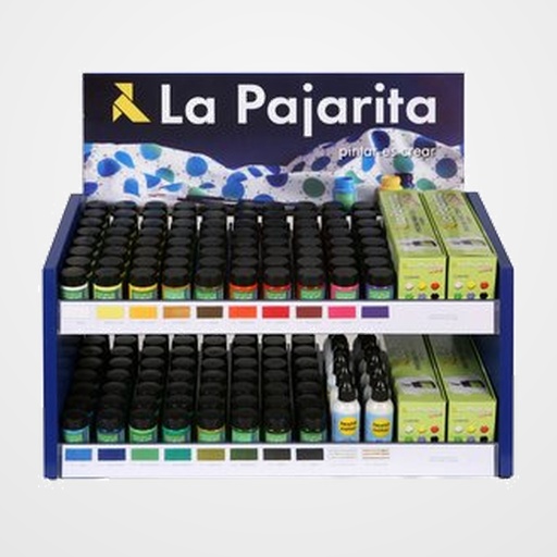 PINTURA TELA PAJARITA EXPOSITOR 216 UD. COLORES 25 ML. 6 UD. RELIEVE PLATA 6 UD. RELIEVE ORO 4 UD. SURTIDO 6 UD. + PINCEL