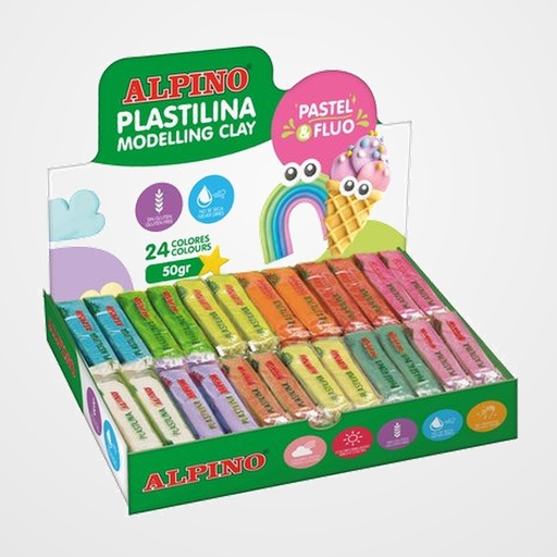 PLASTILINA ALPINO PASTEL/FLUOR 50.GR CAJA 24 SURTIDAS (12 pastel x 12 fluor)