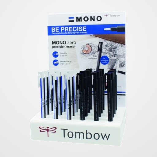 PORTAGOMAS TOMBOW MONO ZERO SURTIDO EXPOSITOR DE 24 6x punta redonda 2,3 mm cuerpo blanco 6x punta redonda 2,3 mm cuerpo negro 6x punta rectangular 2,5x5 mm cuerpo blanco 6x punta rectangular 2,5x5 mm cuerpo negro