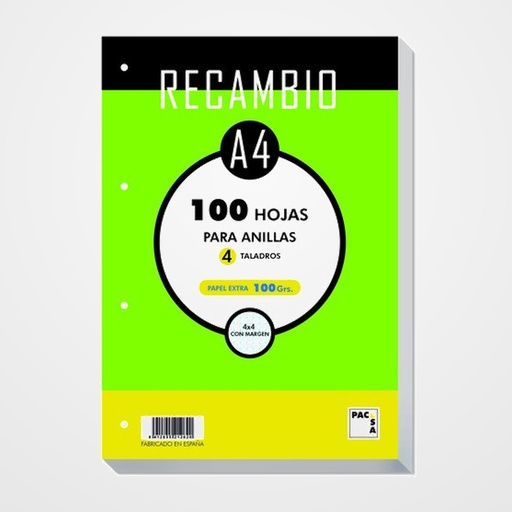 RECAMBIO PACSA A4 100h 100g 4 TALADROS CUADRIC.4x4