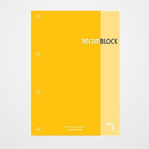 RECAMBIO PACSA XBLOCK ENCOLADO A4 80h 90g 4 TALADROS CUADRIC.5x5 AMARILLO (1 color en rayado y banda)
