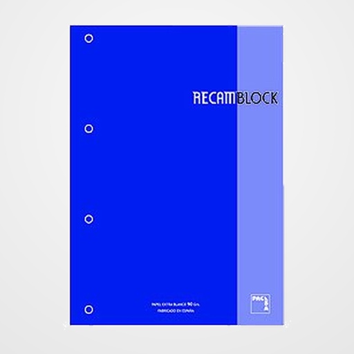 RECAMBIO PACSA XBLOCK ENCOLADO A4 80h 90g 4 TALADROS CUADRIC.5x5 AZUL (1 color en rayado y banda)