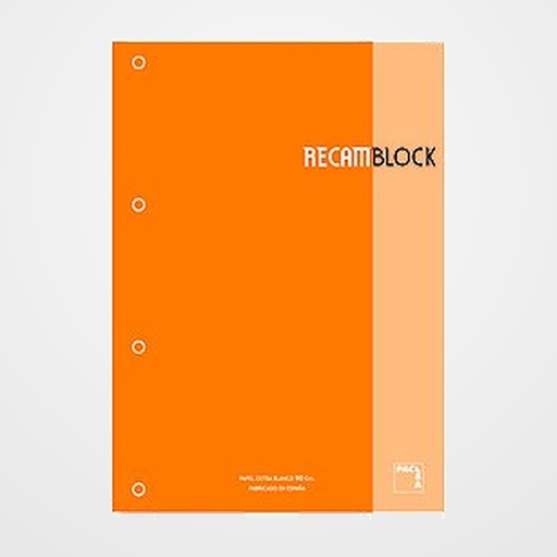 RECAMBIO PACSA XBLOCK ENCOLADO A4 80h 90g 4 TALADROS CUADRIC.5x5 NARANJA (1 color en rayado y banda)
