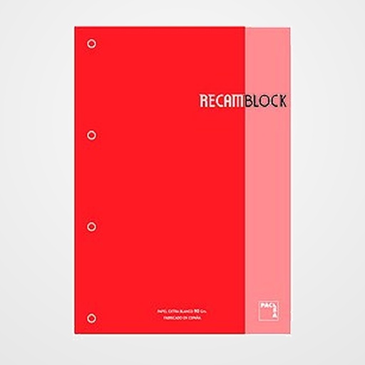 RECAMBIO PACSA XBLOCK ENCOLADO A4 80h 90g 4 TALADROS CUADRIC.5x5 ROJO (1 color en rayado y banda)