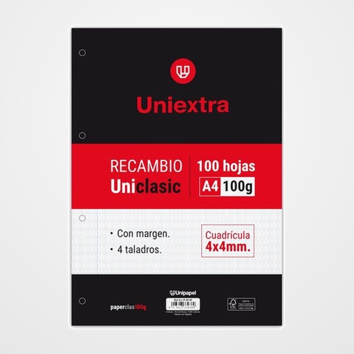 RECAMBIO UNIEXTRA UNICLASIC A4 100h 100gr  4 TALADROS CUAD.4x4 C/MARGEN