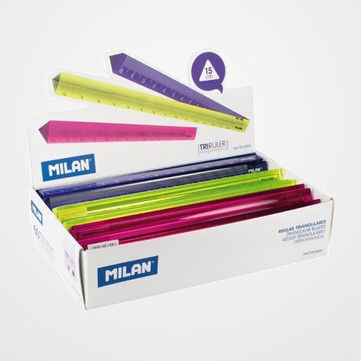 REGLA TRIANGULAR MILAN 15 CMS SURTIDO EXPOSITOR de 60 (Amarillo, azul y rosa translucido)
