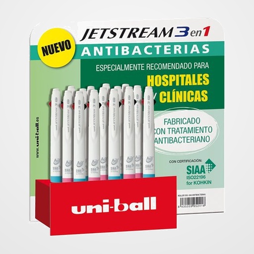 ROLLER GEL RT. UNI-BALL JETSTREAM 3 ANTIBACTERIAS 0,7 SURTIDO EXPOSITOR de 15