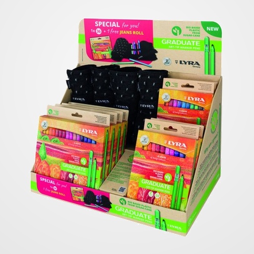 ROTULADOR FIBRA LYRA GRADUATE ART-TIP SURTIDO EXPOSITOR DE 10 Contenido: 4 x L6731120 Estuche de 12 colores surtidos 2 x L6731240 Estuche de 24 colores surtidos 4 X L6731360 Estuche de 36 colores surtidos + 4 ROLLOS JEANS DE REGALO