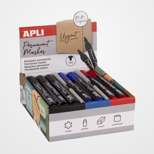 ROTULADOR PERMANENTE APLI 3mm COLORES SURTIDOS EXPOSITOR de 21