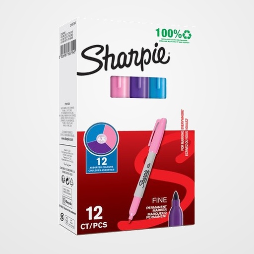 ROTULADOR PERMANENTE SHARPIE FINE SURTIDO CAJA DE 12 (4x Rosa, 4x Morado, 4x Turquesa)