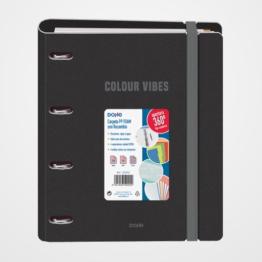 CARPEBLOC DOHE COLOUR VIBES A4 POLYFOAM 4 ANILLAS MIXTAS 35 mm con RECAMBIO 100hj. 90gr. CUADRIC.5x5 NEGRO