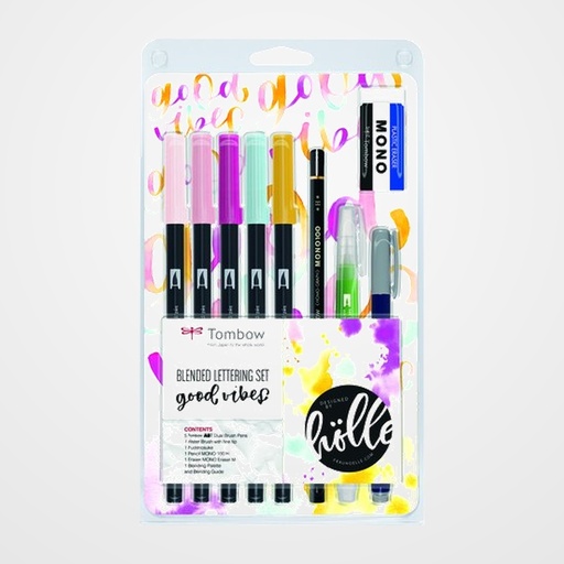 SET LETTERING TOMBOW GOOD VIVES 5 ROT. ABT DUAL BRUSH + 1 PINCEL WATER BRUSH + 1 LAPIZ GRAFITO +  1 ROT. CALIGRAFIA DURO Y BLANDO  + 1 GOMA + PALETA DE MEZCLAS Y MANUAL INSTRUCCIONES B/10