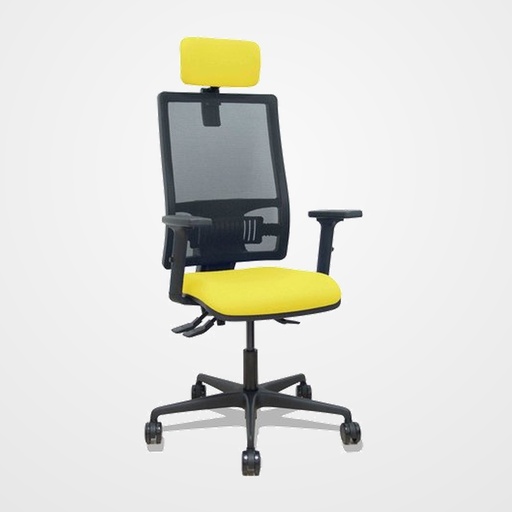SILLA PIQUERAS Y CRESPO BORMATE BRAZOS 2D APOYO LUMBAR Y CABECERO REGULABLES MECANISMO ASINCRO RUEDAS NYLON de 65 RESPALDO DE MALLA NEGRA Y ASIENTO TAPIZADO BALI AMARILLO