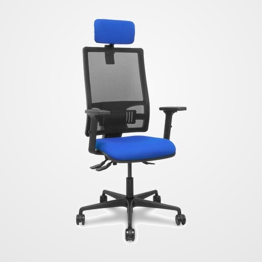 SILLA PIQUERAS Y CRESPO BORMATE BRAZOS 2D APOYO LUMBAR Y CABECERO REGULABLES MECANISMO ASINCRO RUEDAS NYLON de 65 RESPALDO DE MALLA NEGRA Y ASIENTO TAPIZADO BALI AZUL