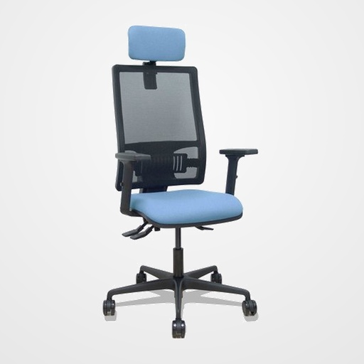 SILLA PIQUERAS Y CRESPO BORMATE BRAZOS 2D APOYO LUMBAR Y CABECERO REGULABLES MECANISMO ASINCRO RUEDAS NYLON de 65 RESPALDO DE MALLA NEGRA Y ASIENTO TAPIZADO BALI AZUL CIELO