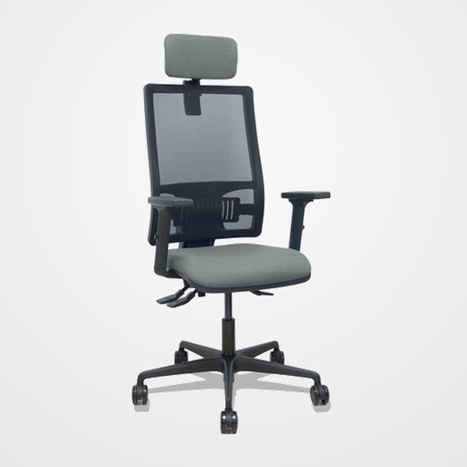 SILLA PIQUERAS Y CRESPO BORMATE BRAZOS 2D APOYO LUMBAR Y CABECERO REGULABLES MECANISMO ASINCRO RUEDAS NYLON de 65 RESPALDO DE MALLA NEGRA Y ASIENTO TAPIZADO BALI GRIS