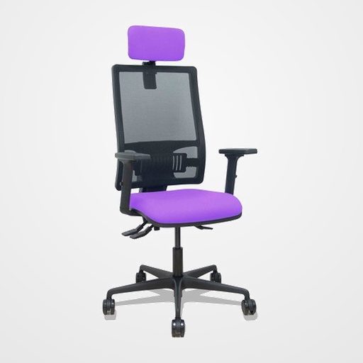 SILLA PIQUERAS Y CRESPO BORMATE BRAZOS 2D APOYO LUMBAR Y CABECERO REGULABLES MECANISMO ASINCRO RUEDAS NYLON de 65 RESPALDO DE MALLA NEGRA Y ASIENTO TAPIZADO BALI LILA