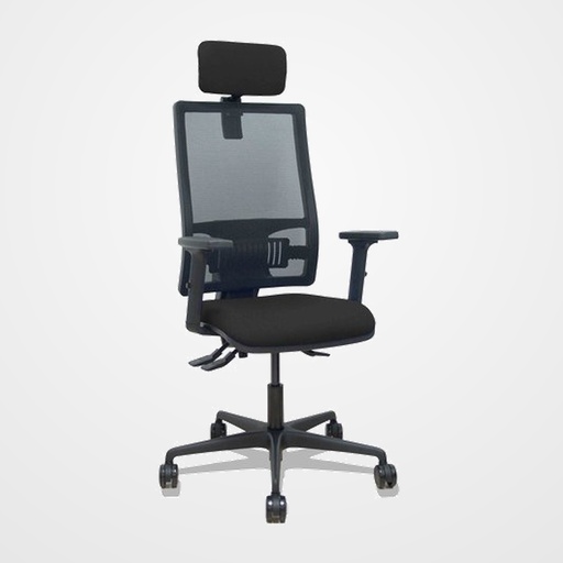 SILLA PIQUERAS Y CRESPO BORMATE BRAZOS 2D APOYO LUMBAR Y CABECERO REGULABLES MECANISMO ASINCRO RUEDAS NYLON de 65 RESPALDO DE MALLA NEGRA Y ASIENTO TAPIZADO BALI NEGRO