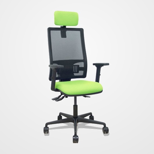 SILLA PIQUERAS Y CRESPO BORMATE BRAZOS 2D APOYO LUMBAR Y CABECERO REGULABLES MECANISMO ASINCRO RUEDAS NYLON de 65 RESPALDO DE MALLA NEGRA Y ASIENTO TAPIZADO BALI PISTACHO