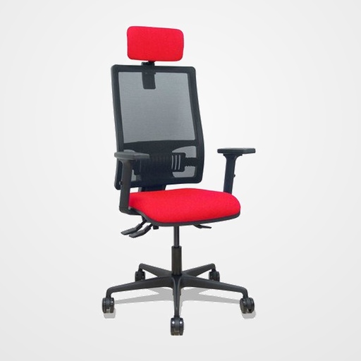 SILLA PIQUERAS Y CRESPO BORMATE BRAZOS 2D APOYO LUMBAR Y CABECERO REGULABLES MECANISMO ASINCRO RUEDAS NYLON de 65 RESPALDO DE MALLA NEGRA Y ASIENTO TAPIZADO BALI ROJO