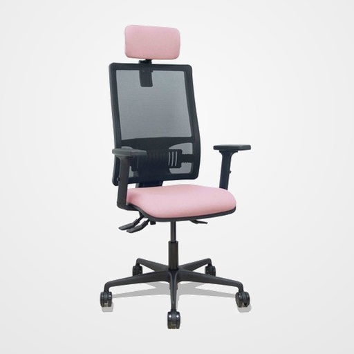 SILLA PIQUERAS Y CRESPO BORMATE BRAZOS 2D APOYO LUMBAR Y CABECERO REGULABLES MECANISMO ASINCRO RUEDAS NYLON de 65 RESPALDO DE MALLA NEGRA Y ASIENTO TAPIZADO BALI ROSA