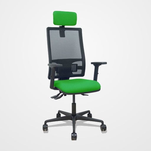 SILLA PIQUERAS Y CRESPO BORMATE BRAZOS 2D APOYO LUMBAR Y CABECERO REGULABLES MECANISMO ASINCRO RUEDAS NYLON de 65 RESPALDO DE MALLA NEGRA Y ASIENTO TAPIZADO BALI VERDE