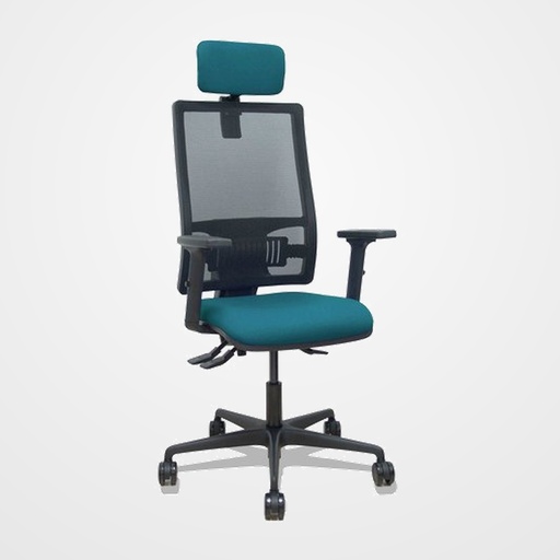 SILLA PIQUERAS Y CRESPO BORMATE BRAZOS 2D APOYO LUMBAR Y CABECERO REGULABLES MECANISMO ASINCRO RUEDAS NYLON de 65 RESPALDO DE MALLA NEGRA Y ASIENTO TAPIZADO BALI VERDE PETROLEO