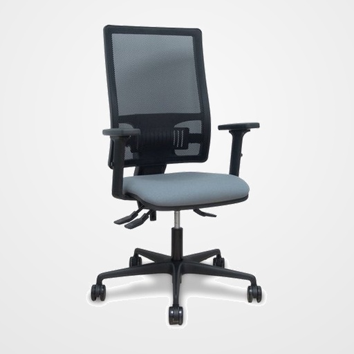 SILLA PIQUERAS Y CRESPO BORMATE BRAZOS 2D Y APOYO LUMBAR REGULABLES MECANISMO ASINCRO RUEDAS NYLON de 65 RESPALDO DE MALLA NEGRA Y ASIENTO TAPIZADO BALI GRIS