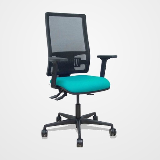 SILLA PIQUERAS Y CRESPO BORMATE BRAZOS 2D Y APOYO LUMBAR REGULABLES MECANISMO ASINCRO RUEDAS NYLON de 65 RESPALDO DE MALLA NEGRA Y ASIENTO TAPIZADO BALI TURQUESA