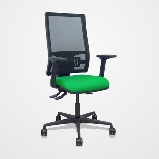 SILLA PIQUERAS Y CRESPO BORMATE BRAZOS 2D Y APOYO LUMBAR REGULABLES MECANISMO ASINCRO RUEDAS NYLON de 65 RESPALDO DE MALLA NEGRA Y ASIENTO TAPIZADO BALI VERDE