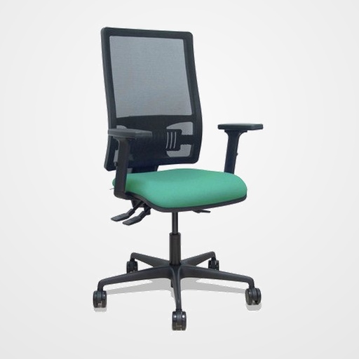 SILLA PIQUERAS Y CRESPO BORMATE BRAZOS 2D Y APOYO LUMBAR REGULABLES MECANISMO ASINCRO RUEDAS NYLON de 65 RESPALDO DE MALLA NEGRA Y ASIENTO TAPIZADO BALI VERDE ESMERALDA