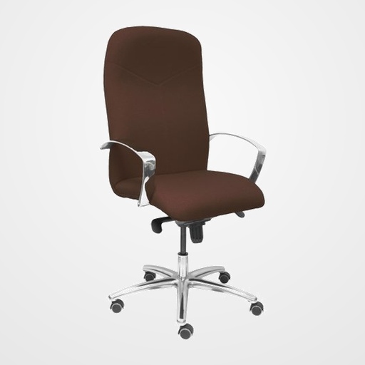 SILLA PIQUERAS Y CRESPO CAUDETE DIRECCION BRAZOS FIJOS CROMADOS MECANISMO BASCULANTE MULTIPOSICION Y ALTURA AJUSTABLE GRAN CONFORTABILIDAD RUEDAS de PARQUET ASIENTO Y RESPALDO TAPIZADO BALI MARRON OSCURO