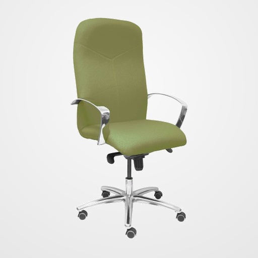 SILLA PIQUERAS Y CRESPO CAUDETE DIRECCION BRAZOS FIJOS CROMADOS MECANISMO BASCULANTE MULTIPOSICION Y ALTURA AJUSTABLE GRAN CONFORTABILIDAD RUEDAS de PARQUET ASIENTO Y RESPALDO TAPIZADO BALI VERDE OLIVA