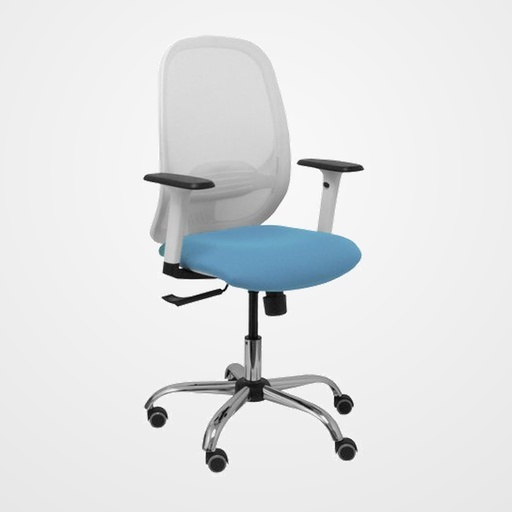 SILLA PIQUERAS Y CRESPO CILANCO BLANCA USO INTENSIVO BRAZOS REGULABLES MECANISMO SINCRO CON REGULADOR DE TENSION REFUERZO LUMBAR REGULABLE BASE CROMADA RUEDAS PARQUET RESPALDO DE MALLA BLANCA Y ASIENTO TAPIZADO BALI AZUL CIELO