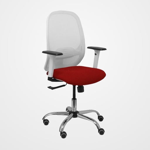 SILLA PIQUERAS Y CRESPO CILANCO BLANCA USO INTENSIVO BRAZOS REGULABLES MECANISMO SINCRO CON REGULADOR DE TENSION REFUERZO LUMBAR REGULABLE BASE CROMADA RUEDAS PARQUET RESPALDO DE MALLA BLANCA Y ASIENTO TAPIZADO BALI GRANATE