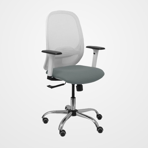 SILLA PIQUERAS Y CRESPO CILANCO BLANCA USO INTENSIVO BRAZOS REGULABLES MECANISMO SINCRO CON REGULADOR DE TENSION REFUERZO LUMBAR REGULABLE BASE CROMADA RUEDAS PARQUET RESPALDO DE MALLA BLANCA Y ASIENTO TAPIZADO BALI GRIS