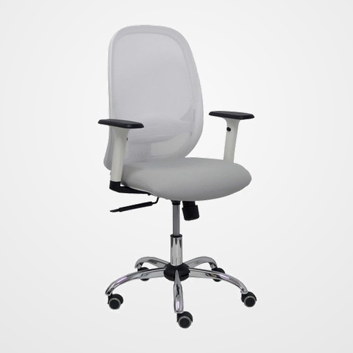 SILLA PIQUERAS Y CRESPO CILANCO BLANCA USO INTENSIVO BRAZOS REGULABLES MECANISMO SINCRO CON REGULADOR DE TENSION REFUERZO LUMBAR REGULABLE BASE CROMADA RUEDAS PARQUET RESPALDO DE MALLA BLANCA Y ASIENTO TAPIZADO BALI GRIS CLARO