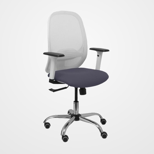 SILLA PIQUERAS Y CRESPO CILANCO BLANCA USO INTENSIVO BRAZOS REGULABLES MECANISMO SINCRO CON REGULADOR DE TENSION REFUERZO LUMBAR REGULABLE BASE CROMADA RUEDAS PARQUET RESPALDO DE MALLA BLANCA Y ASIENTO TAPIZADO BALI GRIS OSCURO