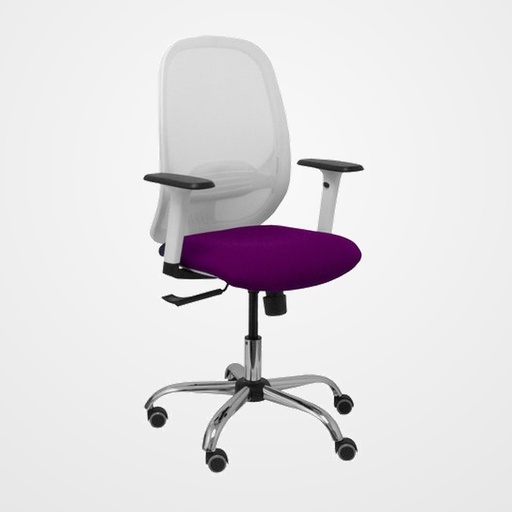 SILLA PIQUERAS Y CRESPO CILANCO BLANCA USO INTENSIVO BRAZOS REGULABLES MECANISMO SINCRO CON REGULADOR DE TENSION REFUERZO LUMBAR REGULABLE BASE CROMADA RUEDAS PARQUET RESPALDO DE MALLA BLANCA Y ASIENTO TAPIZADO BALI MORADO