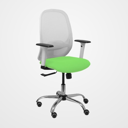 SILLA PIQUERAS Y CRESPO CILANCO BLANCA USO INTENSIVO BRAZOS REGULABLES MECANISMO SINCRO CON REGULADOR DE TENSION REFUERZO LUMBAR REGULABLE BASE CROMADA RUEDAS PARQUET RESPALDO DE MALLA BLANCA Y ASIENTO TAPIZADO BALI PISTACHO