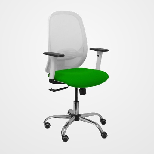 SILLA PIQUERAS Y CRESPO CILANCO BLANCA USO INTENSIVO BRAZOS REGULABLES MECANISMO SINCRO CON REGULADOR DE TENSION REFUERZO LUMBAR REGULABLE BASE CROMADA RUEDAS PARQUET RESPALDO DE MALLA BLANCA Y ASIENTO TAPIZADO BALI VERDE