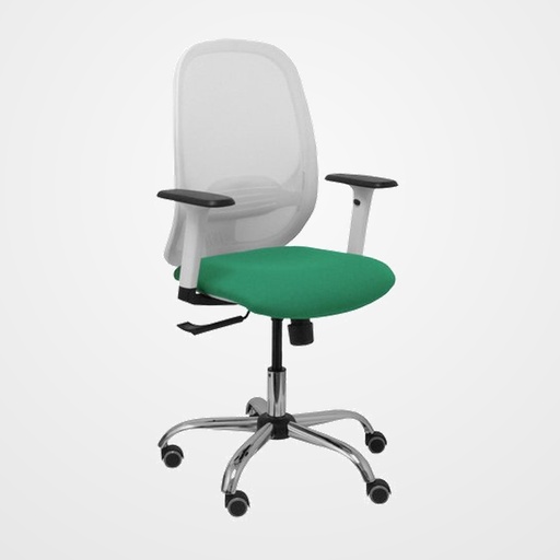 SILLA PIQUERAS Y CRESPO CILANCO BLANCA USO INTENSIVO BRAZOS REGULABLES MECANISMO SINCRO CON REGULADOR DE TENSION REFUERZO LUMBAR REGULABLE BASE CROMADA RUEDAS PARQUET RESPALDO DE MALLA BLANCA Y ASIENTO TAPIZADO BALI VERDE ESMERALDA