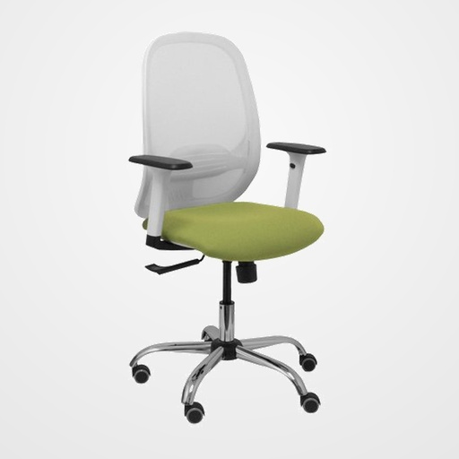 SILLA PIQUERAS Y CRESPO CILANCO BLANCA USO INTENSIVO BRAZOS REGULABLES MECANISMO SINCRO CON REGULADOR DE TENSION REFUERZO LUMBAR REGULABLE BASE CROMADA RUEDAS PARQUET RESPALDO DE MALLA BLANCA Y ASIENTO TAPIZADO BALI VERDE OLIVA